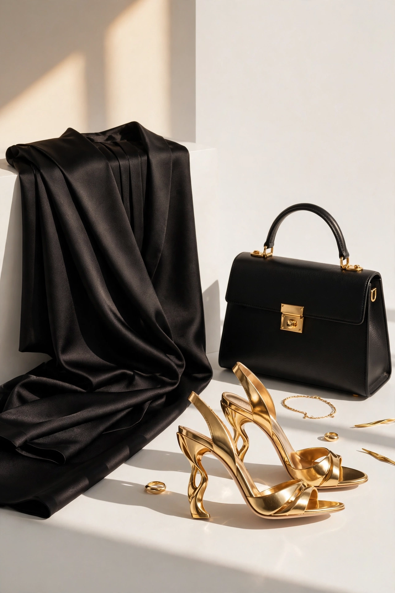 Vestido negro, zapatos dorados, cartera y accesorios de moda femenina