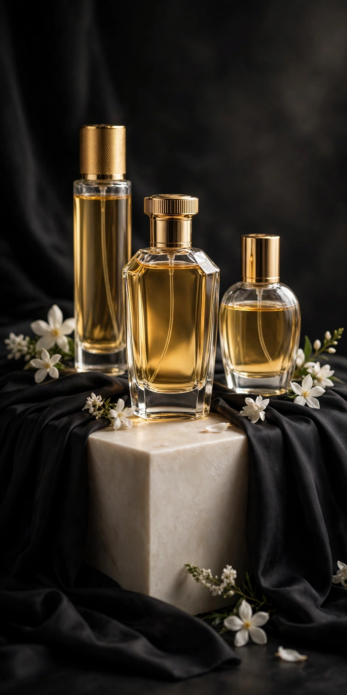 Frascos de perfume sobre seda negra