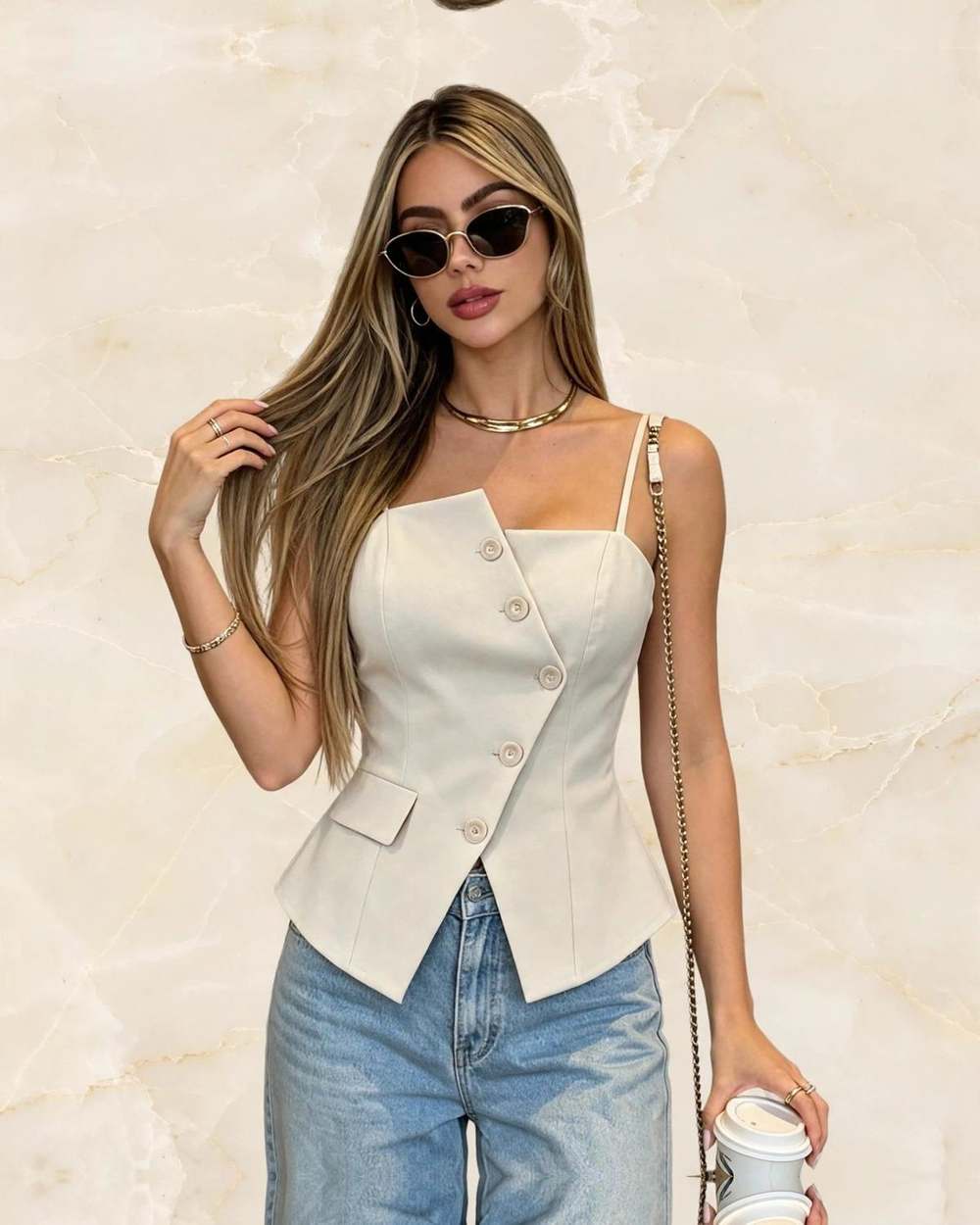 Blusa beige botones asimetricos, aislado sobre mármol marfil